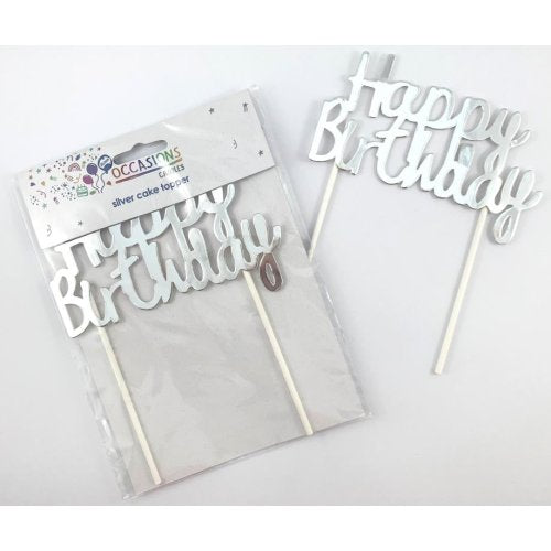 Happy Birthday Cake Topper Metallic Silver