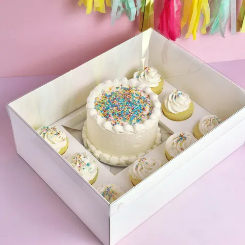 WHITE BENTO 8 HOLE CUPCAKE AND CAKE BOX | RETAIL PACK | CLEAR LID