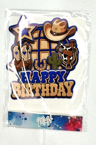 Cowboy Theme Blue 'Happy Birthday' Cake Topper