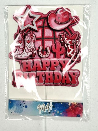 Cowgirl Theme Pink 'Happy Birthday' Cake Topper