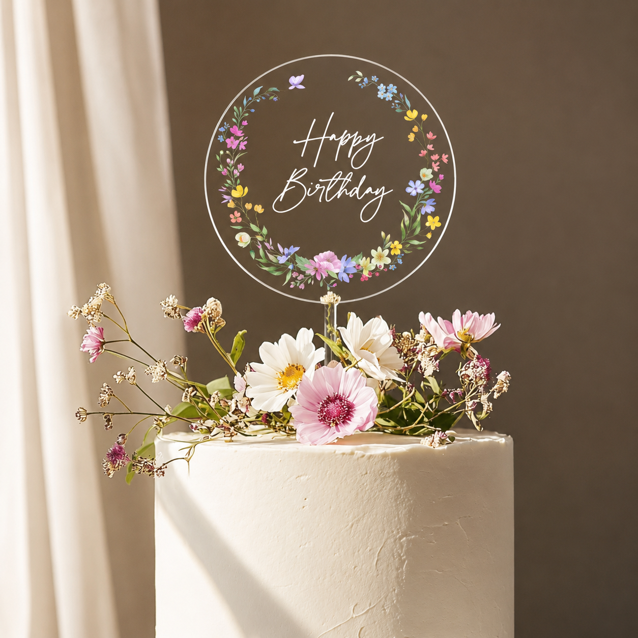 Happy Birthday Round Flower Cake Topper Small