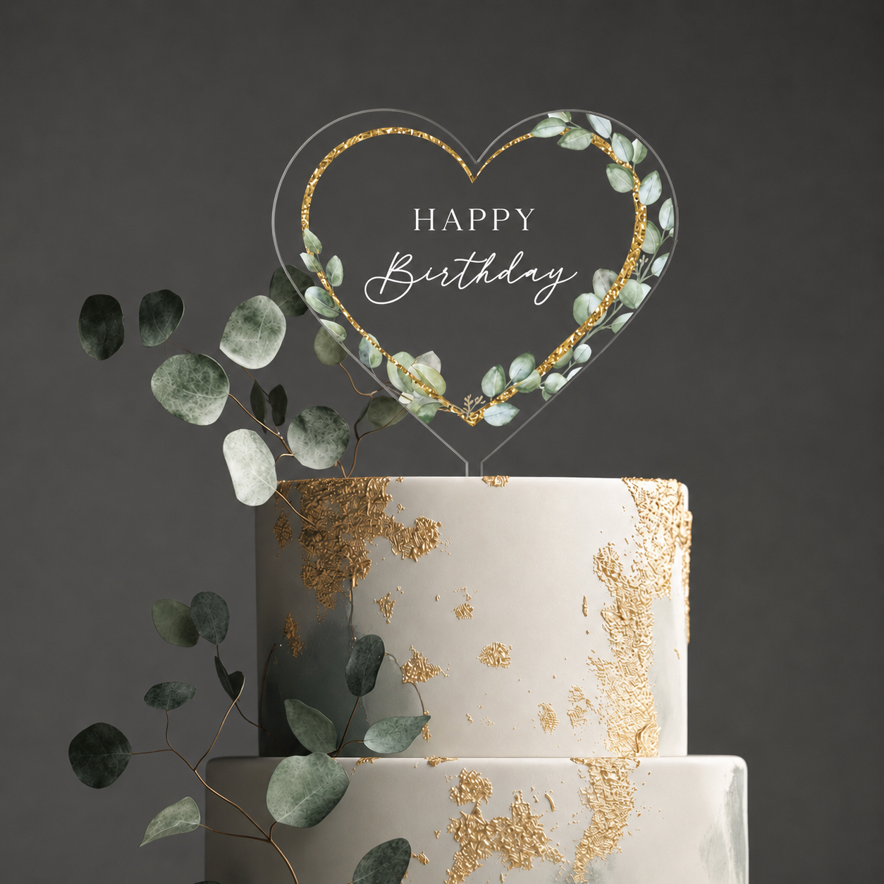 Happy Birthday Heart Eucalyptus Leaf Cake Topper Small