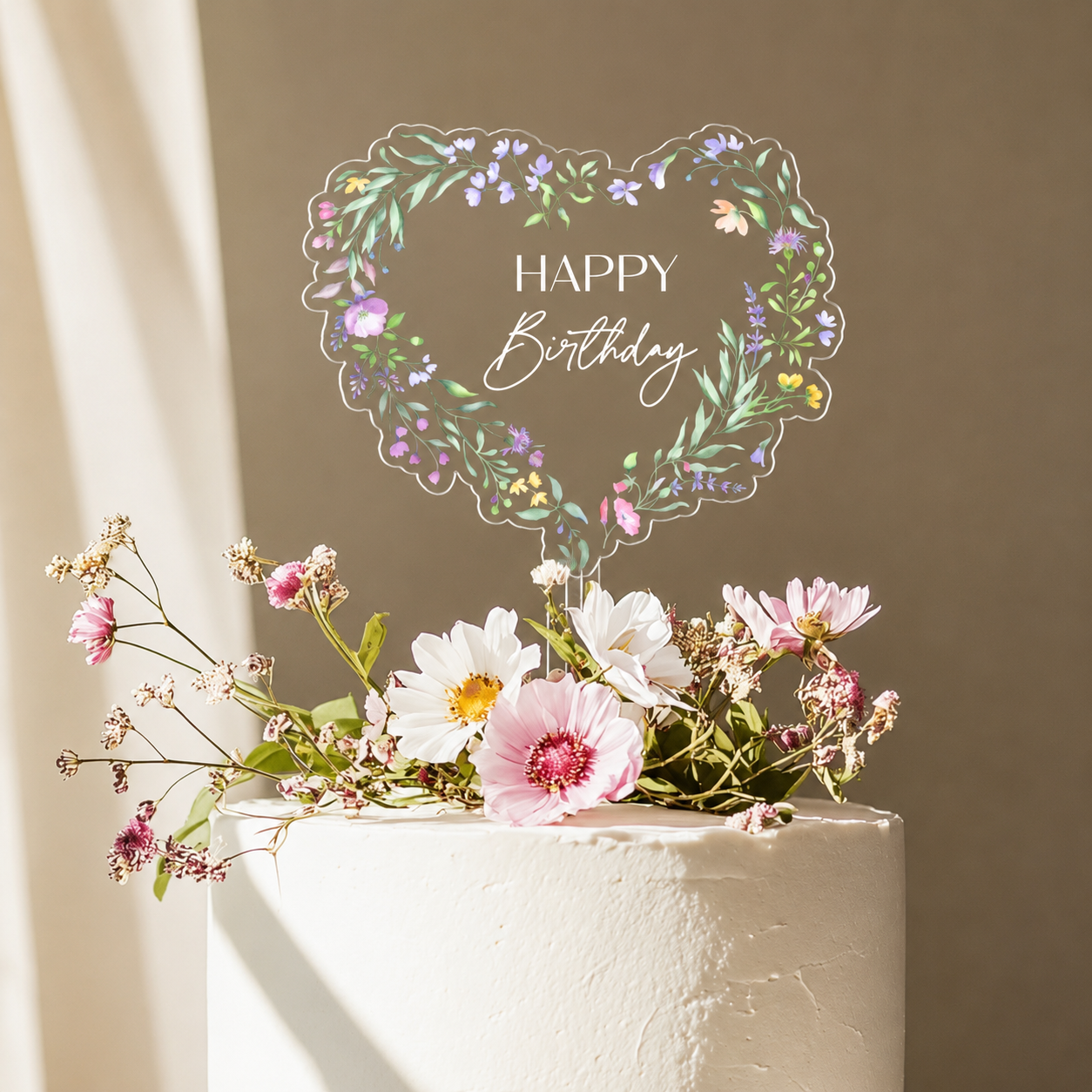 Happy Birthday Heart Shaped Flower Cake Topper Small