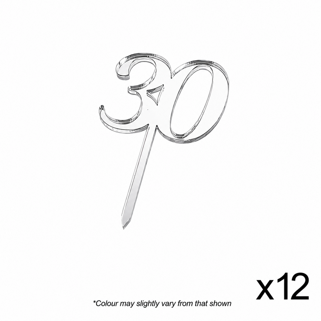 CAKE CRAFT | #30 | 3.5CM | SILVER MIRROR | ACRYLIC CUPCAKE TOPPER | 12 PACK