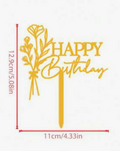 Happy Birthday Gold Acrylic Cake Topper Small with Flower